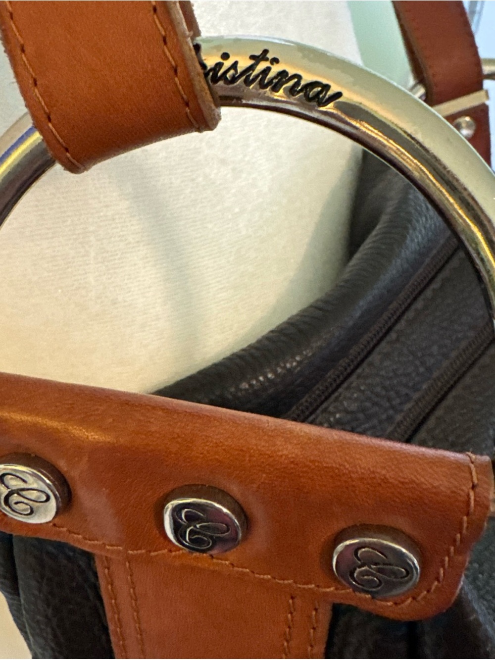 Cristina Italy Genuine Leather Shoulder Bag Brown Pebbled Leather Cognac Trim - Picture 3 of 11